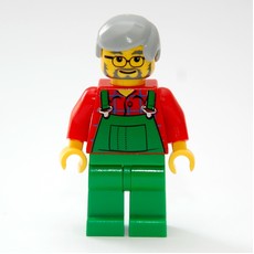 Man, Green Overalls over Red Shirt, Light Bluish Gray Hair, Glasses and Beard (fig-007328)