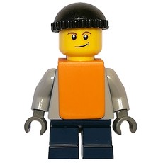 Boy, Plain Light Bluish Gray Torso, Short Dark Blue Legs, Black Hat, Orange Vest (fig-007330)