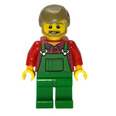 Man, Green Overalls over Red Shirt, Dark Tan Hair, Beard (fig-007336)