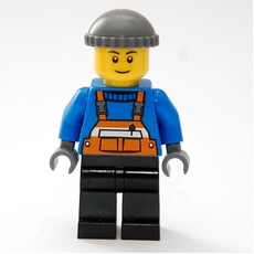 Man, Orange Overalls over Blue Sweater, Black Legs, Dark Bluish Gray Hat, Brown Eyebrows (fig-007369)