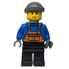 Man, Orange Overalls over Blue Sweater, Black Legs, Dark Bluish Gray Hat (fig-007375)