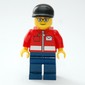 Postal Worker, Red Jacket with Zipper and Letter Logo, Dark Blue Legs, Black Cap, Glasses
