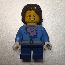 Girl, Medium Blue Jacket with Medium Lavender Scarf, Short Dark Blue Legs, Dark Brown Hair (fig-007388)