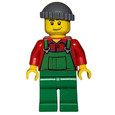 Man, Green Overalls over Red Shirt, Dark Bluish Gray Hat, Stubble (fig-007389)