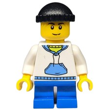 Boy, White and Blue Hoodie, Short Blue Legs, Black Hat (fig-007398)