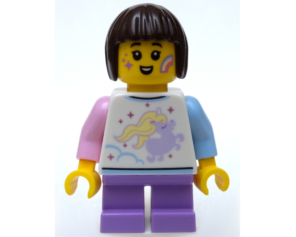 fig-007412 Girl, White Shirt with Unicorn, Short Medium Lavender Legs, Star and Rainbow Face Paint (2020 Collectible Minifigures) | Rebrickable - Build LEGO