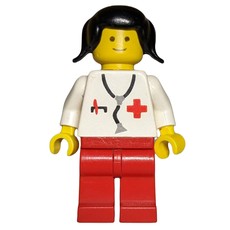 Doctor, Woman, White Torso with Stethoscope and Red Cross, Red Legs, Black Hair (3626b Head) (fig-007423)