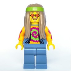 Flower Child, Open Sand Blue Vest over Bright Light Orange Shirt, Long Dark Tan Hair (fig-007456)