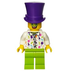 Man, White Shirt with Balloons, Party Hats, and Streamers, Lime Legs, Dark Purple Top Hat, Star Glasses (fig-007483)