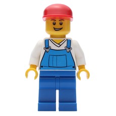 Man, Blue Overalls over White V-Neck Shirt, Red Cap, Open Mouth (fig-007485)