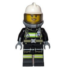 Firefighter, Female, Black Fire Suit with Gauge and Straps, White Helmet, Breathing Apparatus, Airtanks (3626cpr0893 Head) (fig-007490)