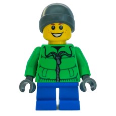 Boy, Green Jacket, Short Dark Blue Legs, Dark Bluish Gray Beanie Hat (fig-007570)
