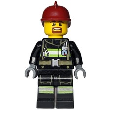 Firefighter, Black Fire Jacket with Straps and Gauge, Dark Red Helmet, Goatee Beard (fig-007696)
