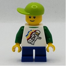 Boy, Floating Classic Spaceman on Shirt, Short Blue Legs, Lime Cap, Reddish Brown Eyebrows (fig-007714)