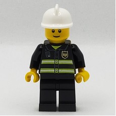 Fireman, Black Fire Jacket with Radio and Badge, White Helmet, Reddish Brown Eyebrows (3626b Head) (fig-007717)