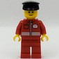 Postal Worker, Red Jacket with Zipper and Letter Logo, Red Legs, Black Cap, Reddish Brown Eyebrows