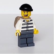 Criminal, Prison Shirt with #50380, Dark Bluish Gray Legs, Black Hat, Dark Tan Back Pack, Open Mouth (fig-007784)