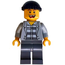 Criminal, Open Light Bluish Gray Jacket over Prison Shirt, Dark Bluish Gray Legs, Black Hat, Missing Tooth (3626c Head) (fig-007791)