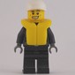 Policeman, Black Jacket with Zipper, Radio, Badge, and 'POLICE' on Back, White Cap, Yellow Life Vest
