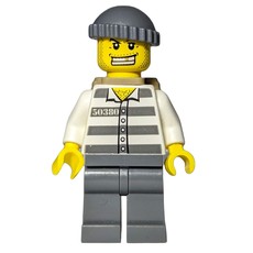 Criminal, Prison Shirt with #50380, Dark Bluish Gray Legs, Dark Bluish Gray Hat, Dark Tan Backpack, Gold Tooth (fig-007798)
