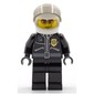 Policeman, Black Jacket with Zipper, Radio, and Badge, White Helmet and Visor, Orange Sunglasses