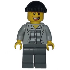 Criminal, Open Light Bluish Gray Jacket over Prison Shirt, Dark Bluish Gray Legs, Black Hat, Missing Tooth (3626b Head) (fig-007808)