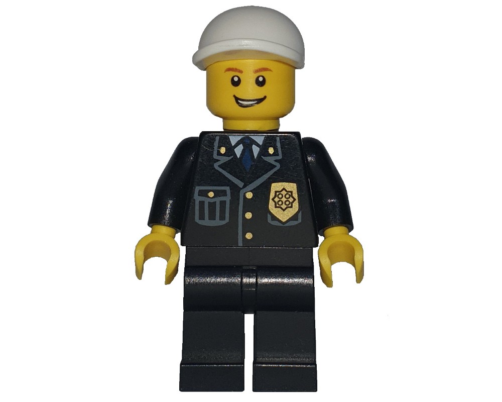 LEGO Set fig-007809 Policeman, Black Suit with Badge, White Cap, Open ...