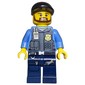 Policeman, Dark Bluish Gray Vest with Radio, Badge and Pouches over Medium Blue Shirt, Black Cap, Beard