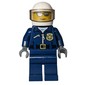 Policeman, Dark Blue Jacket with Zipper, Badge, and 'POLICE' on Back, White Helmet with Visor, Silver Sunglasses