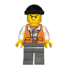 Criminal, Open Orange Safety Vest Over Prison Shirt, Black Hat, Stubble (fig-007851)