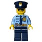 Policeman, Bright Light Blue Shirt with Dark Blue Tie, Badge, and Radio on Belt, Dark Blue Police Hat with Badge, Sunglasses