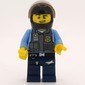 Policeman, Dark Bluish Gray Vest with Radio, Badge and Pouches over Medium Blue Shirt, Black Helmet with Visor, Open Mouth