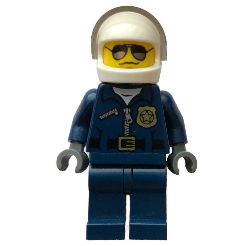 LEGO Set fig-007868 Policeman, Rebrickable Sunglasses Back, with LEGO Helmet Zipper, Visor, and White Jacket | Build Dark with with Blue Badge, - \'POLICE\' on