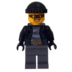 Criminal, Open Black Jacket over Prison Shirt, Dark Bluish Grey Legs, Black Hat, Black Eyemask (fig-007870)