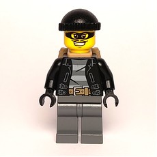 Criminal, Open Black Jacket over Prison Shirt, Dark Bluish Grey Legs, Black Hat, Dark Tan Backpack, Black Eyemask (fig-007873)