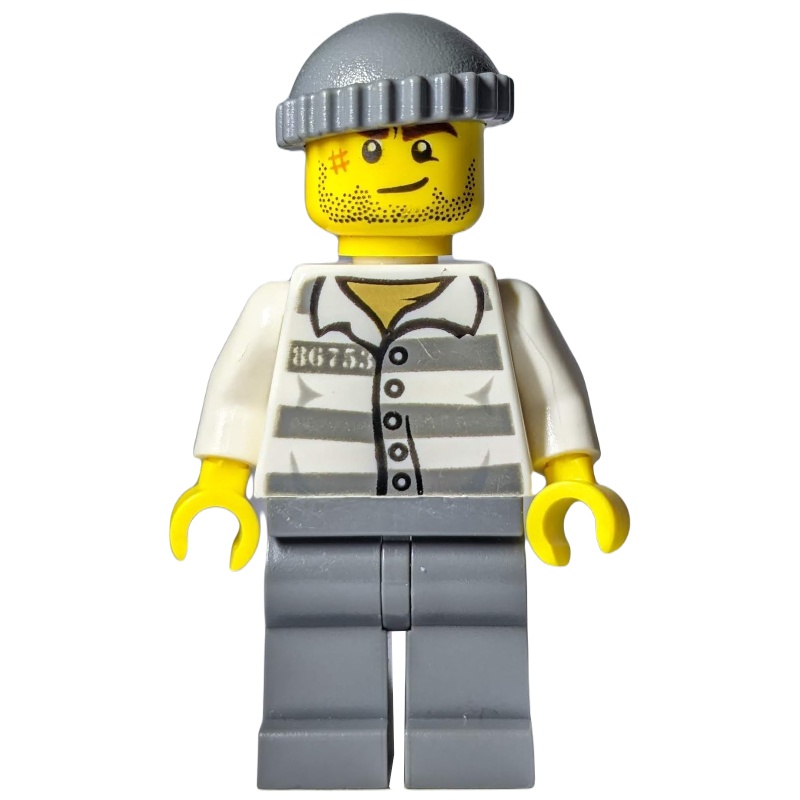 LEGO Set fig-007875 Criminal, Prison Shirt with #86753, Dark Bluish Gray  Legs, Dark Bluish Gray Hat, Stubble and Scar