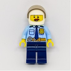 Bright Light Blue Shirt with Dark Blue Tie, Badge, and Radio on Belt, Dark Blue Legs, White Helmet with Visor, Moustache (fig-007895)