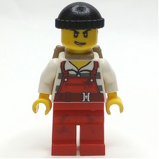 Criminal Joe Frankfurter, Red Overalls over Prison Shirt, Black Hat, Dark Tan Backpack (fig-007896)