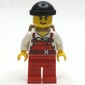 Criminal Joe Frankfurter, Red Overalls over Prison Shirt, Black Hat, Dark Tan Backpack