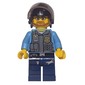 Policeman, Dark Bluish Gray Vest with Radio, Badge and Pouches over Medium Blue Shirt, Black Helmet with Visor, Beard and Glasses