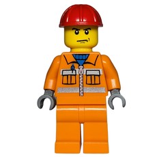 Construction Worker, Orange Jacket with Zipper and Reflective Stripes, Orange Legs, Red Hard Hat (fig-007961)