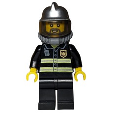 Fireman, Black Fire Jacket with Radio and Badge, Silver Helmet with Visor, Airtanks, Breathing Apparatus, Beard (fig-007962)