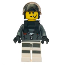 Criminal, Open Dark Bluish Gray Jacket with Zipper over Prison Shirt, Black Helmet with Visor, Neck Bracket, Headset (fig-007981)