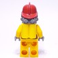 Fireman, Bright Light Orange Fire Suit, Dark Red Helmet, Breathing Apparatus, Airtanks, Sweat Drops
