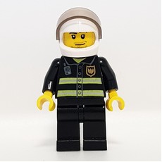Fireman, Black Fire Jacket with Reflective Stripes, Radio, and Badge, White Helmet with Visor, Stubble (fig-008028)