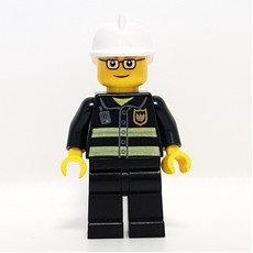 Fireman, Black Fire Jacket with Reflective Stripes, Radio, and Badge, White Helmet, Glasses (fig-008029)