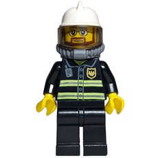 Fireman, Black Fire Jacket with Reflective Stripes, Radio, and Badge, White Helmet with Visor, Breathing Apparatus, Airtanks, Beard and Glasses (fig-008030)
