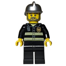 Fireman, Black Fire Jacket with Radio and Badge, Silver Helmet, Beard (fig-008031)