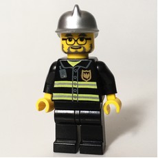 Fireman, Black Fire Jacket with Reflective Stripes, Radio, and Badge, Silver Helmet, Beard and Glasses (fig-008032)