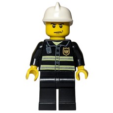 Fireman, Black Fire Jacket with Reflective Stripes, Radio, and Badge, White Helmet, Stern (fig-008033)